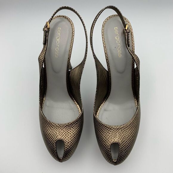 Sergio Rossi Lizard Embossed Peep Toe Sling Back Platform Heels Bronze Size 10 - Picture 12 of 12